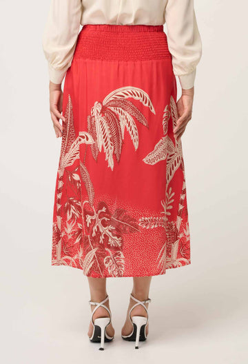 PETITE HARPER VISCOSE FAILLE PRINT CRISS CROSS WAIST PANEL SKIRT IN CRIMSON PALMS