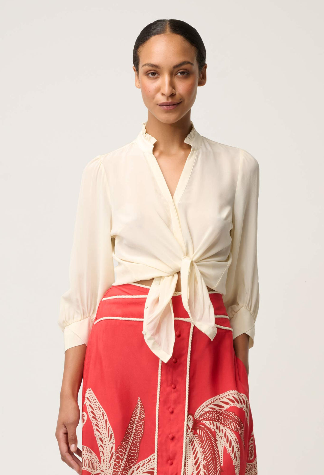 Once Was | CHLOE 100% SILK CRISS CROSS CUFFED SHIRT IN CLOUD - Dutch Hideout