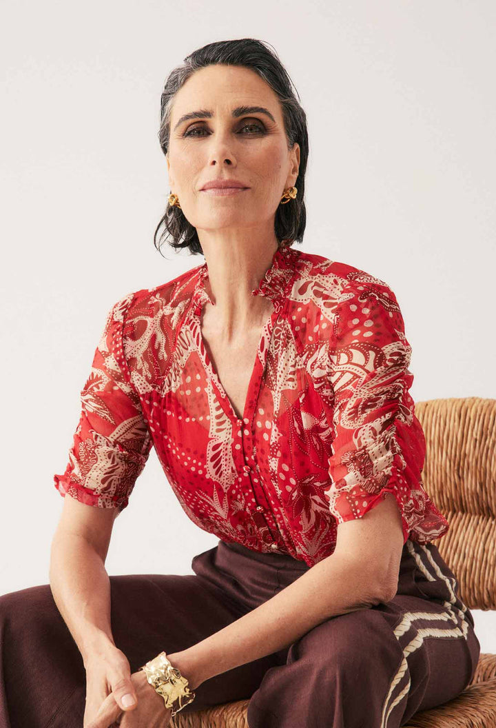 Once Was | LUNETTE VISCOSE CHIFFON BLOUSE IN CRIMSON PALMS