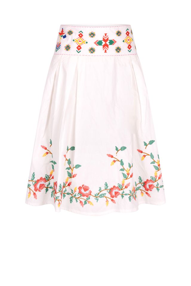 Place du Soleil | White Floral Embroidered Skirt