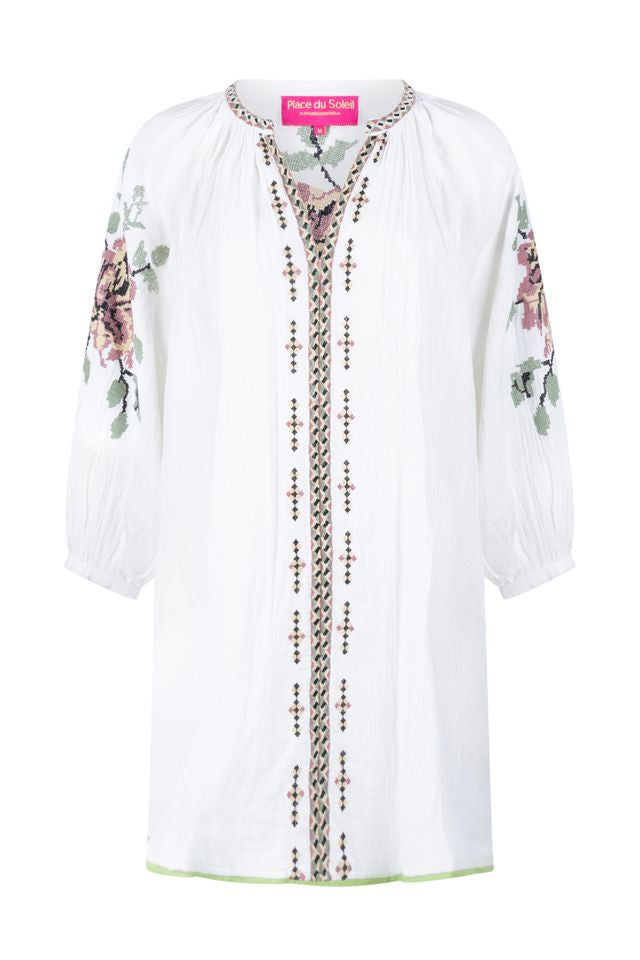 Place du Soleil | White Floral Rosa/Green Embroidered Dress