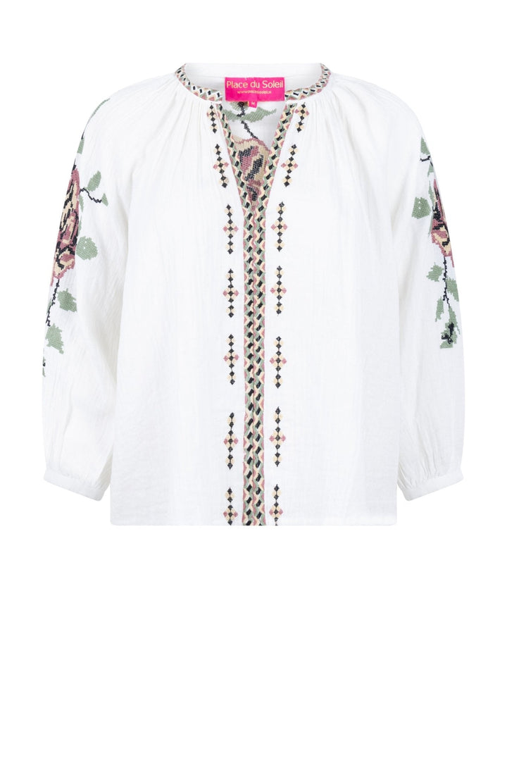 Place du Soleil | White Floral Rosa & Green Embroidered Blouse