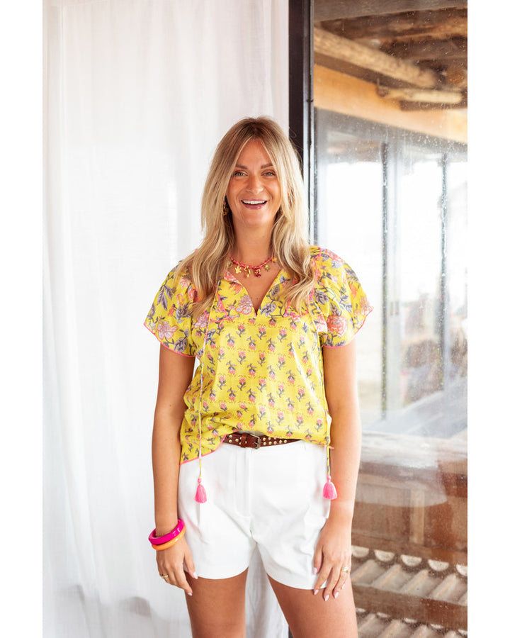 Place du Soleil | Yellow Double Print Blouse Boho Summer Top