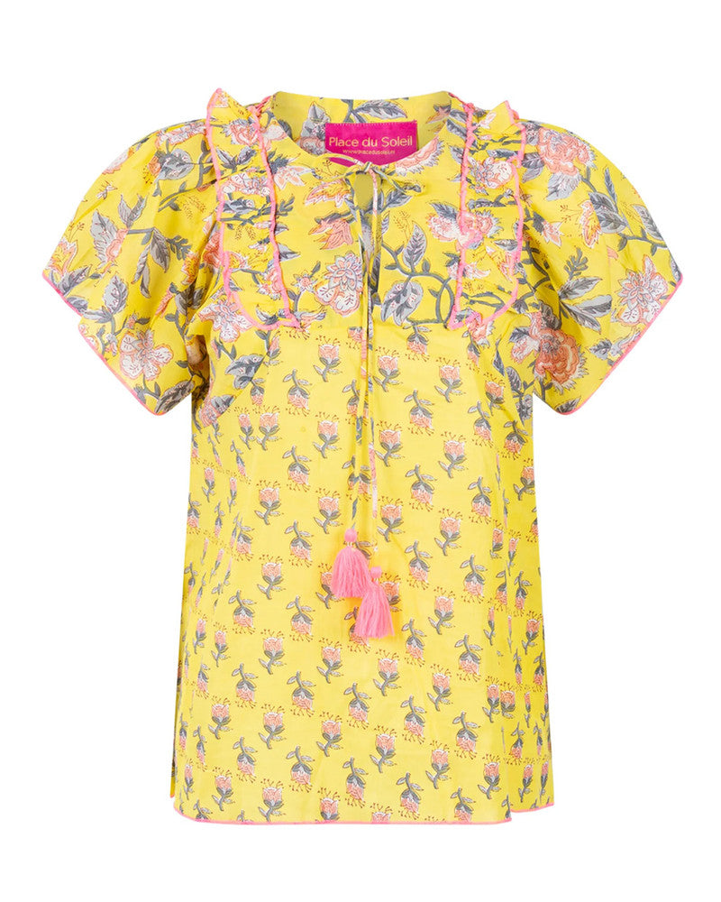 Place du Soleil | Yellow Double Print Blouse Boho Summer Top