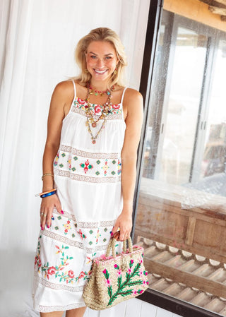 Place du Soleil |White Floral Embroidered Shoulderband Dress