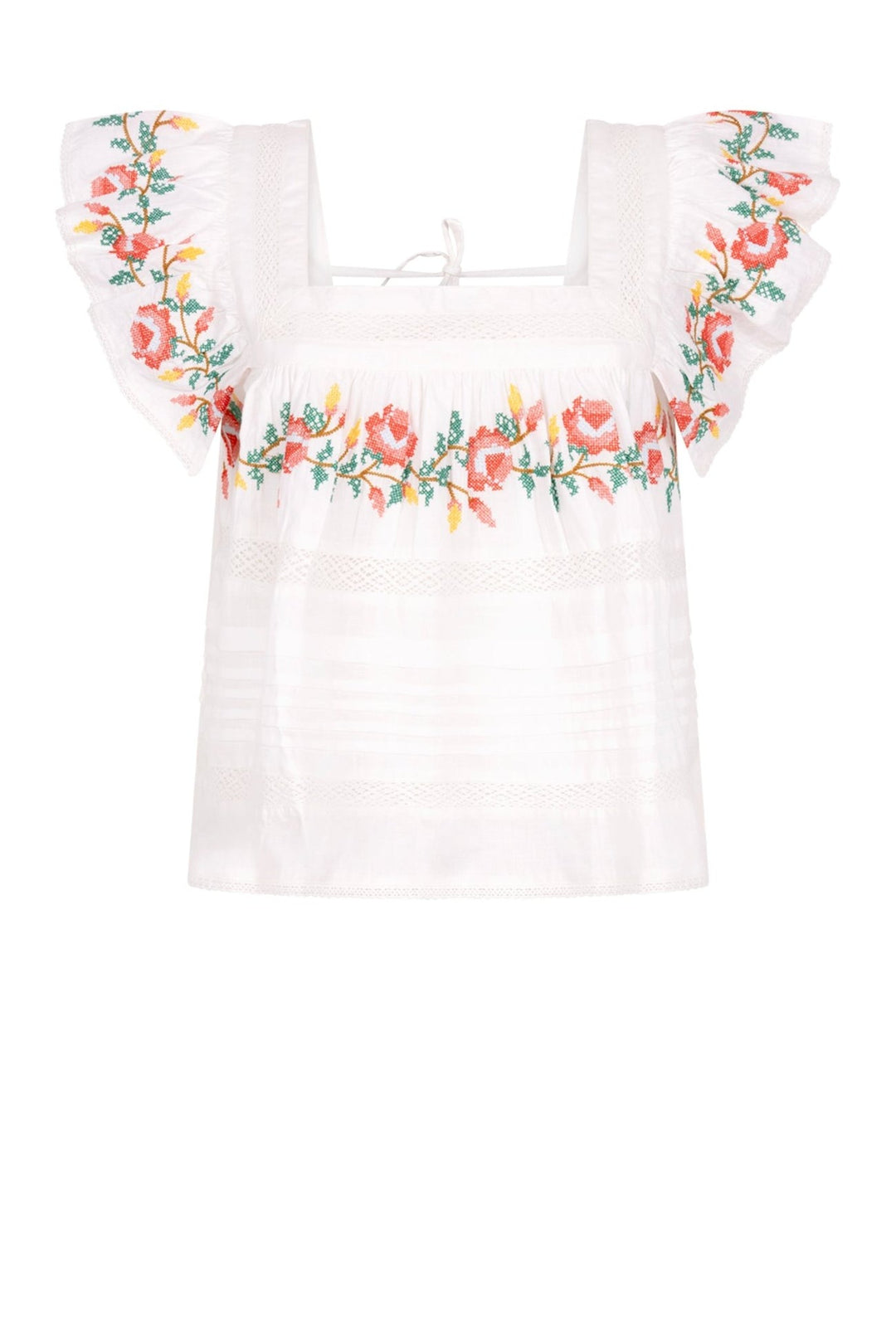 Place du Soleil | White Floral Embroidered Frill Blouse