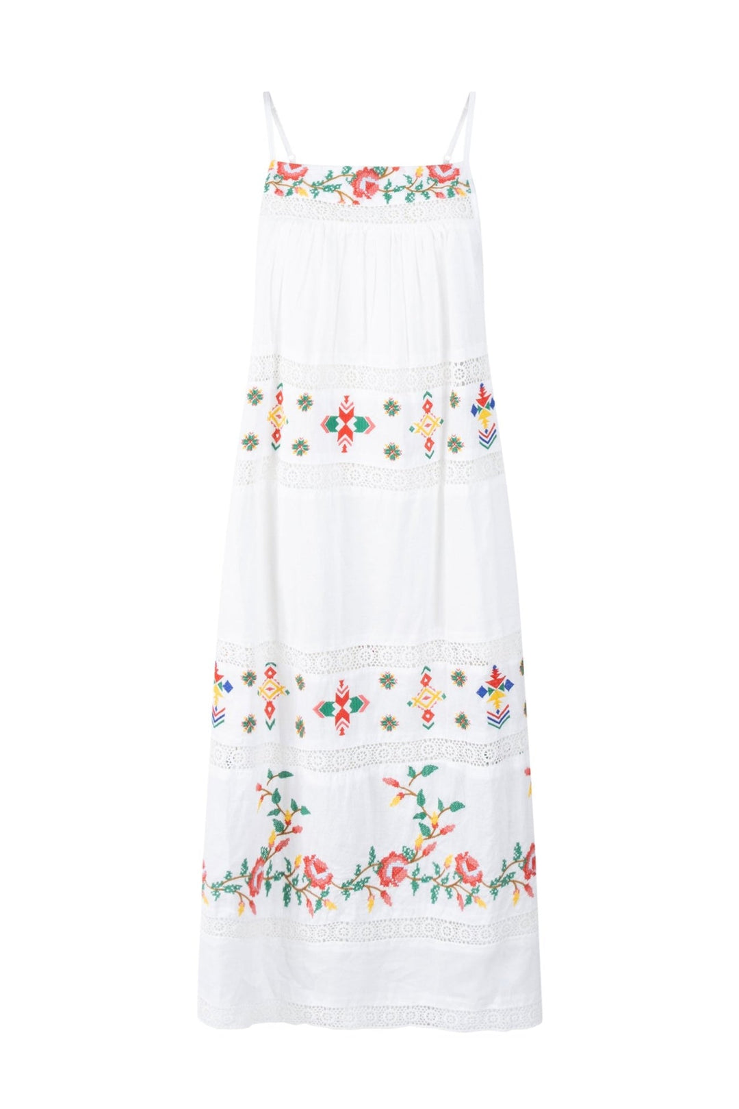 Place du Soleil |White Floral Embroidered Shoulderband Dress