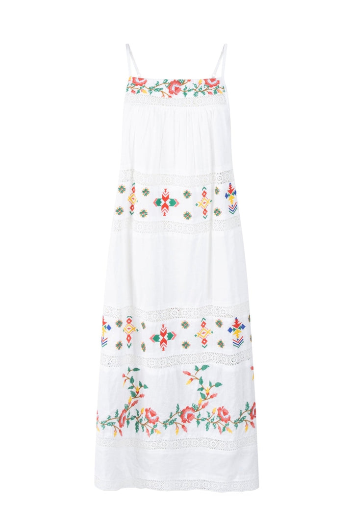 Place du Soleil |White Floral Embroidered Shoulderband Dress