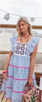 Blue White Stripe Dress with Crochet