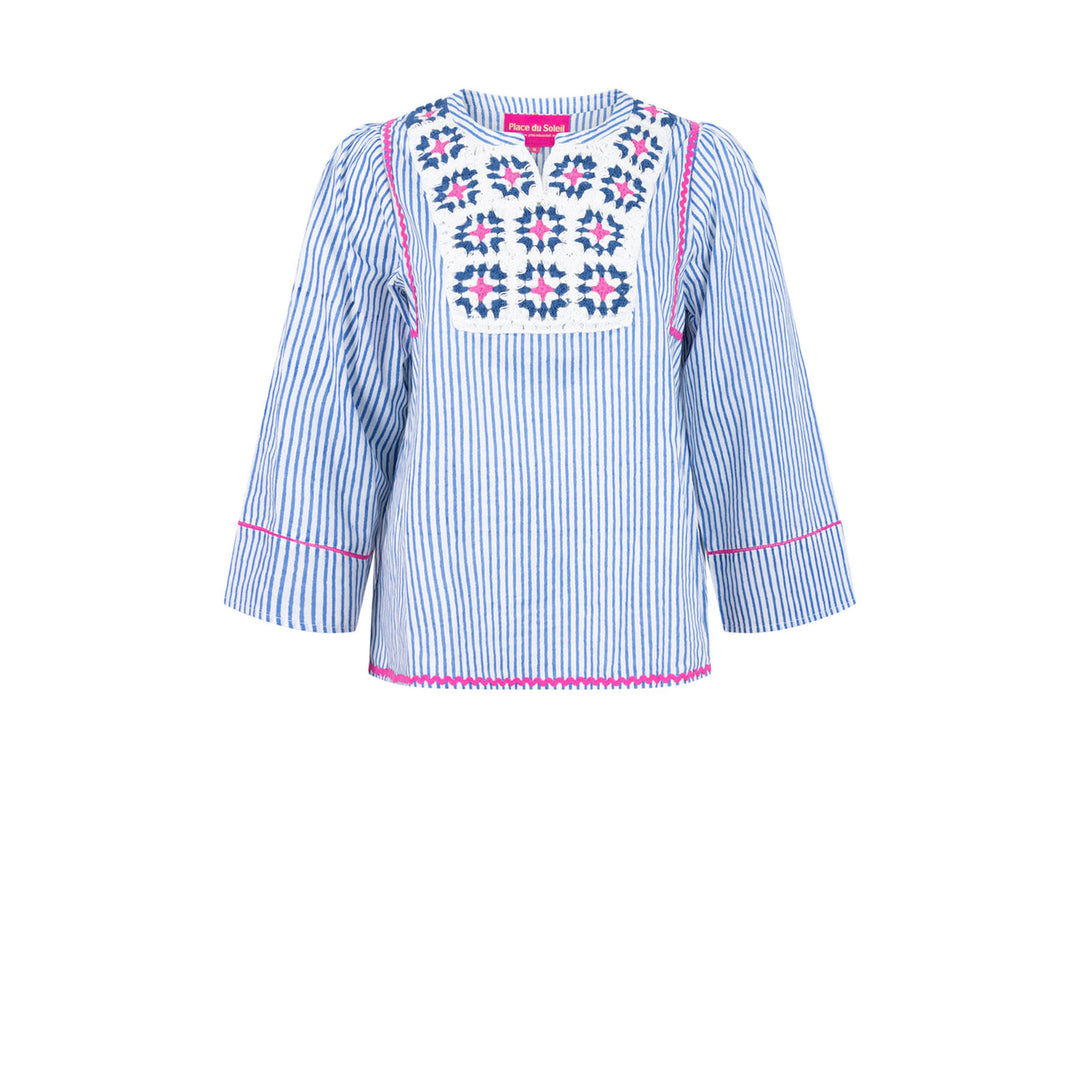 Blue White Stripe Blouse with Crochet