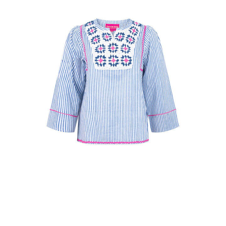 Blue White Stripe Blouse with Crochet