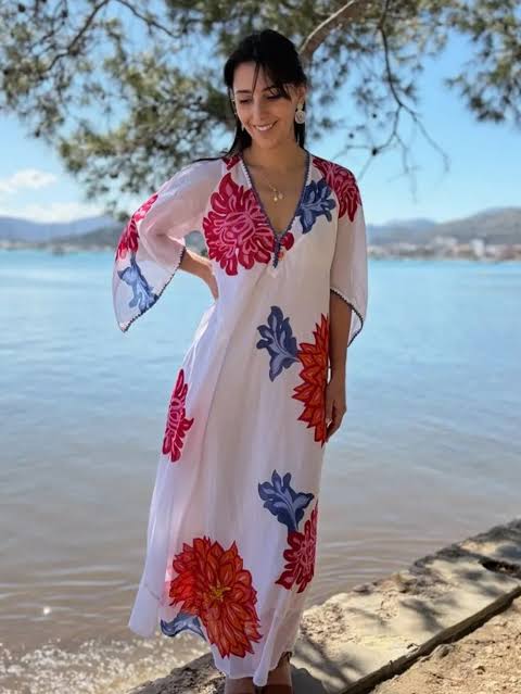White Big Flowers Long Dress