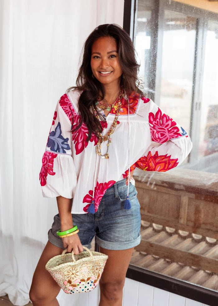 Place du Soleil | White big flower blouse