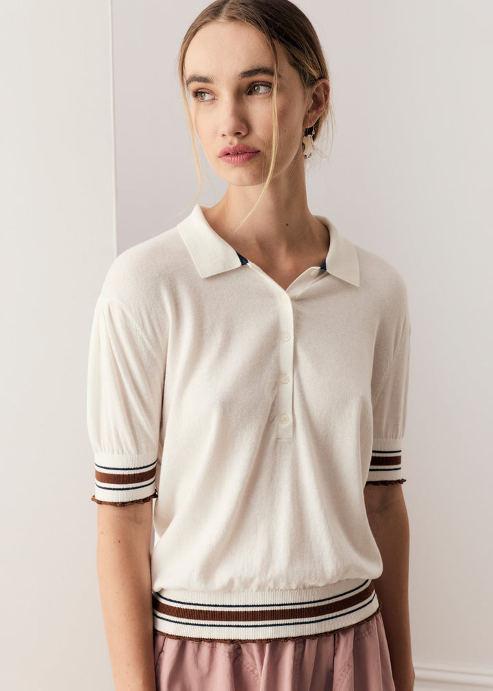 POL Clothing  | Dahlia Knit Polo | White/Toffee
