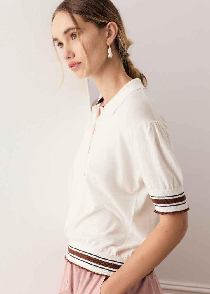 POL Clothing  | Dahlia Knit Polo | White/Toffee