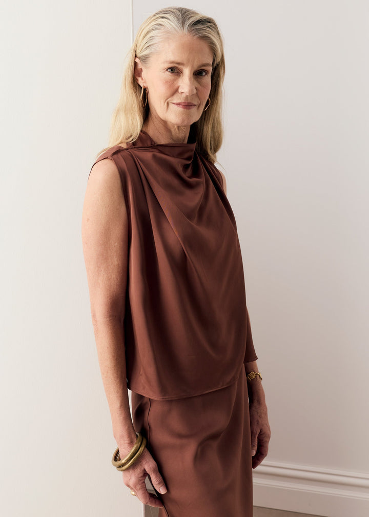 POL Clothing | Innes Tie Neck Top | Toffee