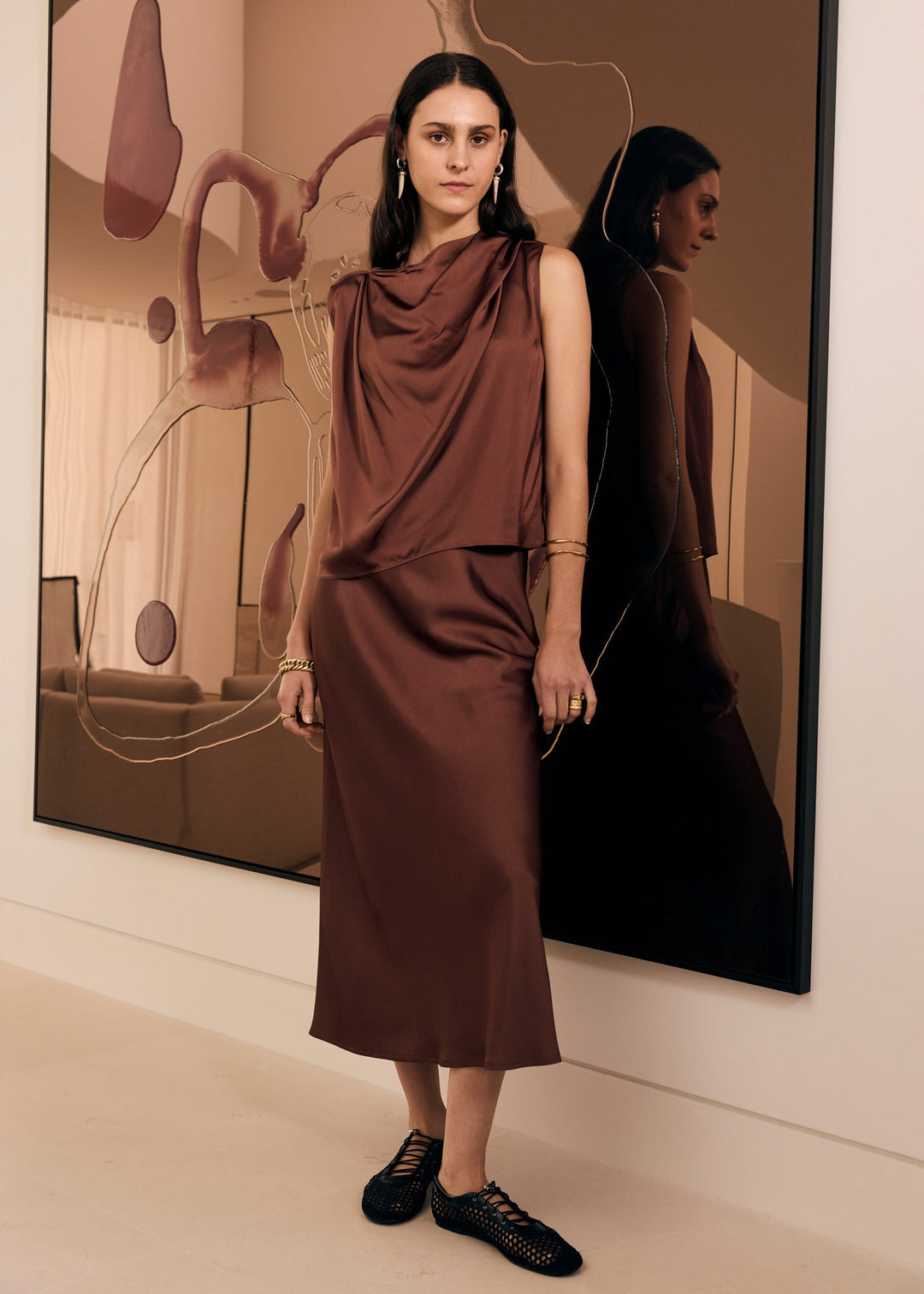 POL Clothing | Innes Tie Neck Top | Toffee