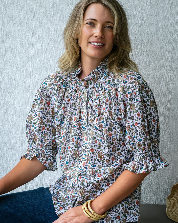 Mandalay Designs | Vintage Floral Smock Top - White Multi