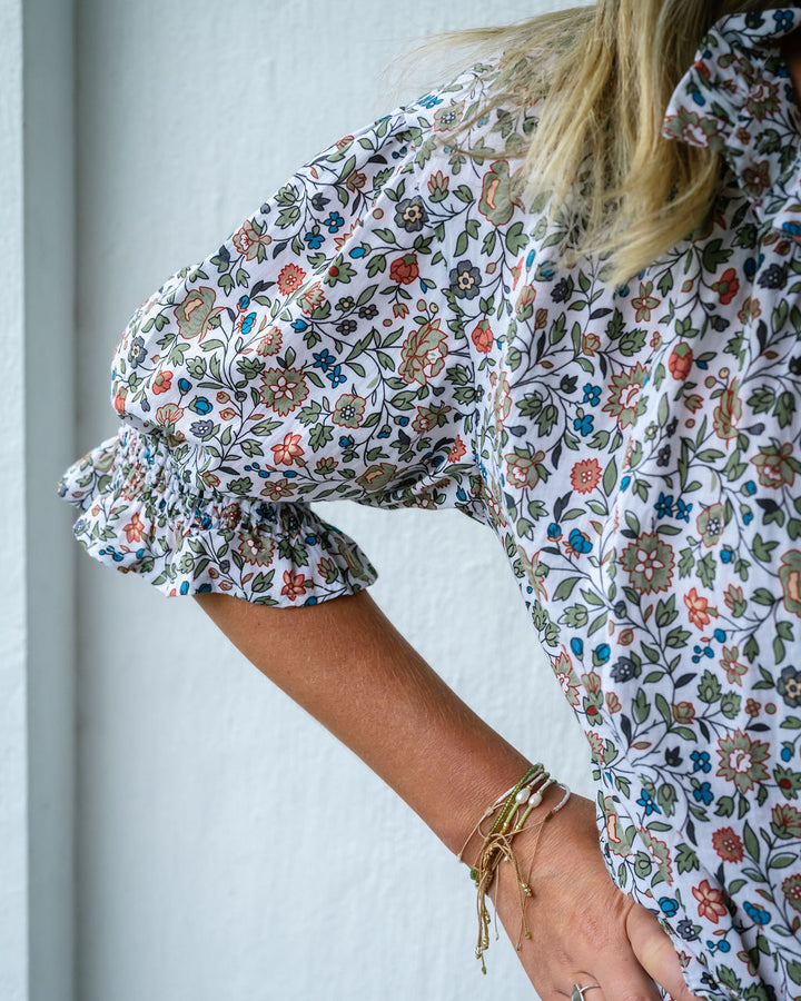 Mandalay Designs | Vintage Floral Smock Top - White Multi