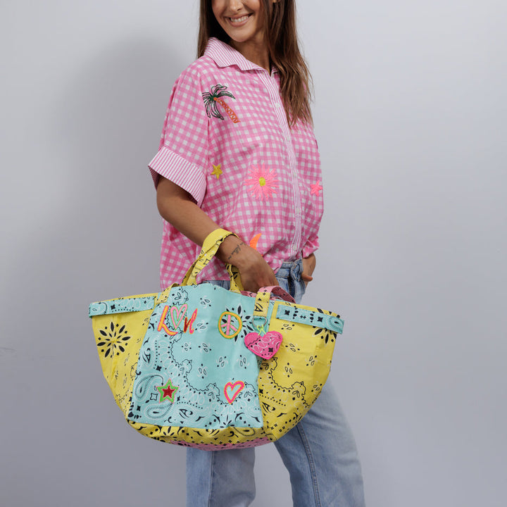 Bandana bag - Turquoise/ Yellow LOVE", peace sign, heart & star patches, heart charm