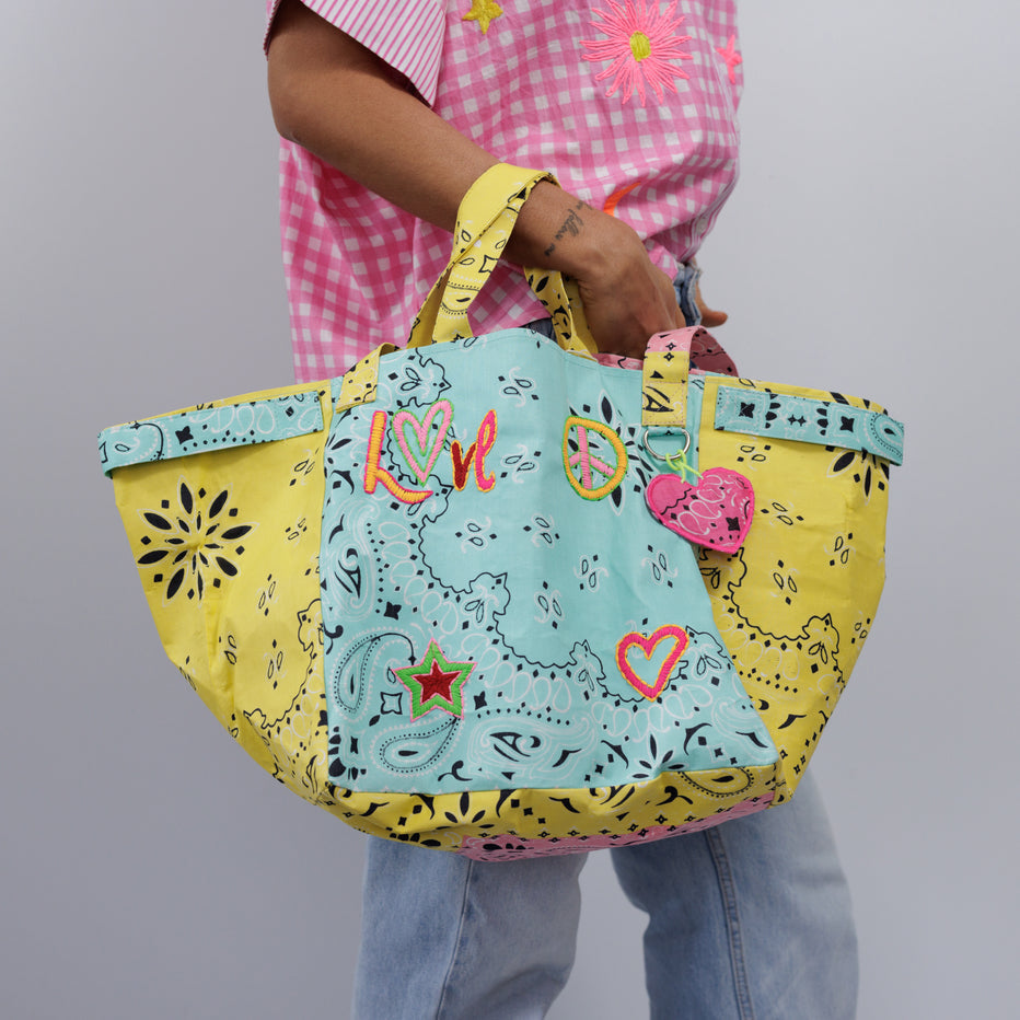 Bandana bag - Turquoise/ Yellow LOVE", peace sign, heart & star patches, heart charm