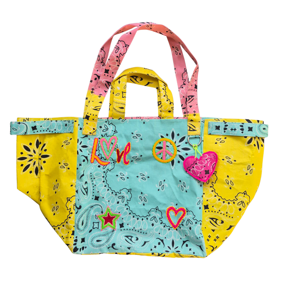 Bandana bag - Turquoise/ Yellow LOVE", peace sign, heart & star patches, heart charm