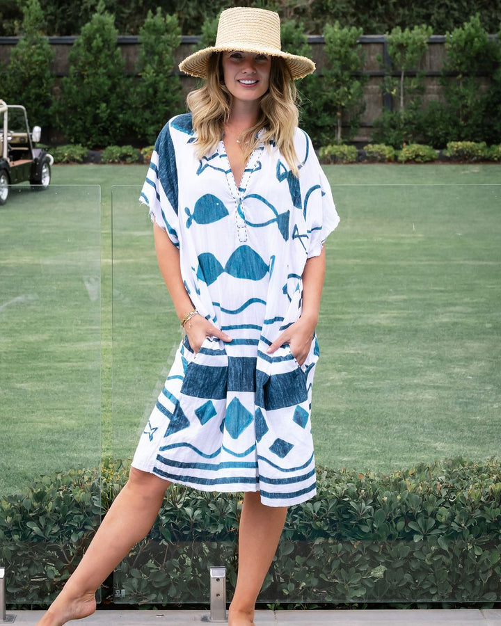 MANDALAY DESIGNS I DEEP DIVE CAFTAN DRESS I WHITE BLUE INDIGO - Dutch Hideout