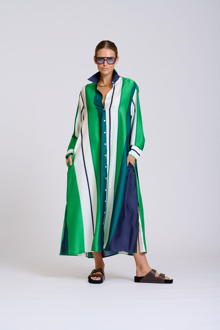 Shirty | The Luxe Luna Longline Shirt Dress | Navy & Green Bold Stripes