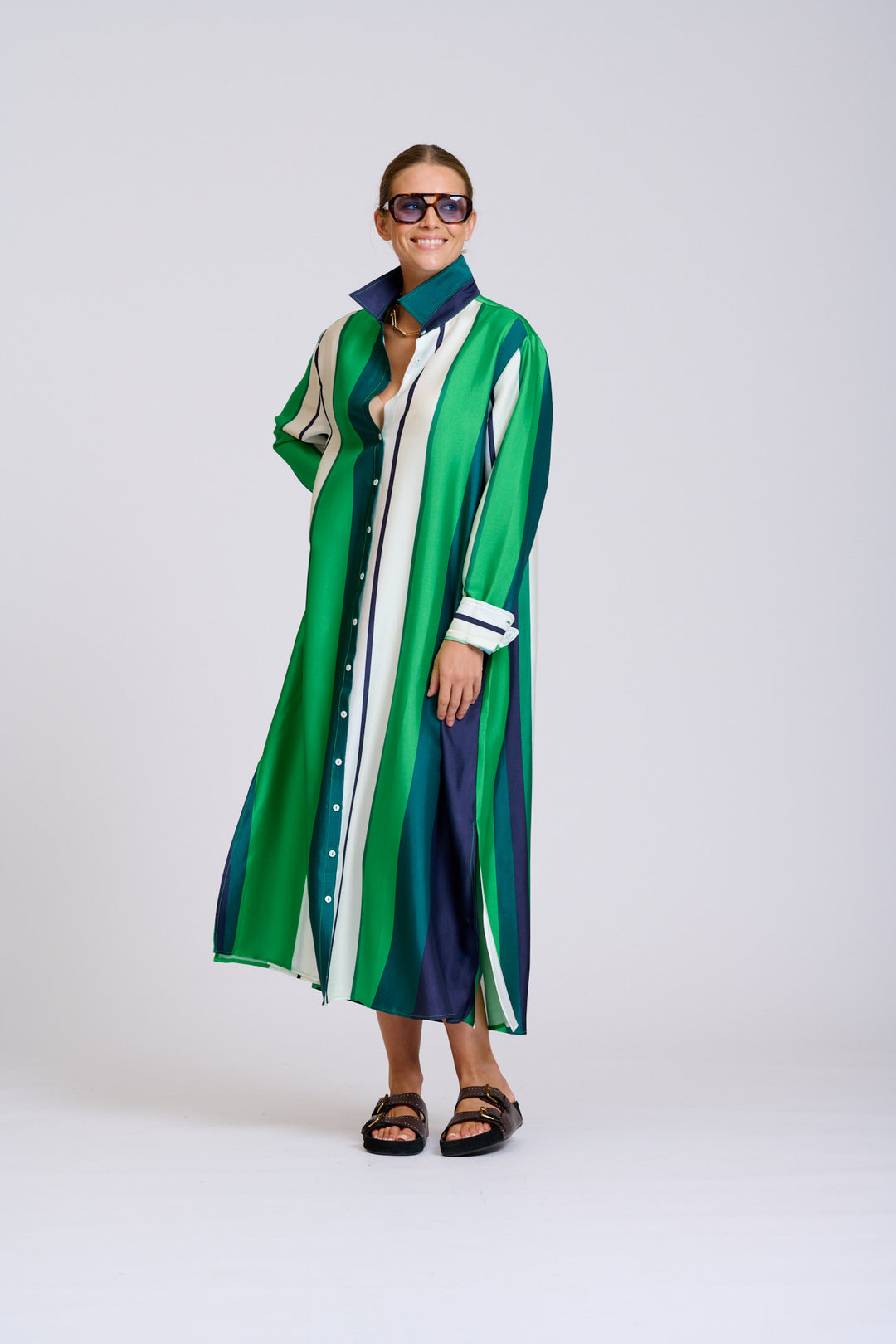 Shirty | The Luxe Luna Longline Shirt Dress | Navy & Green Bold Stripes