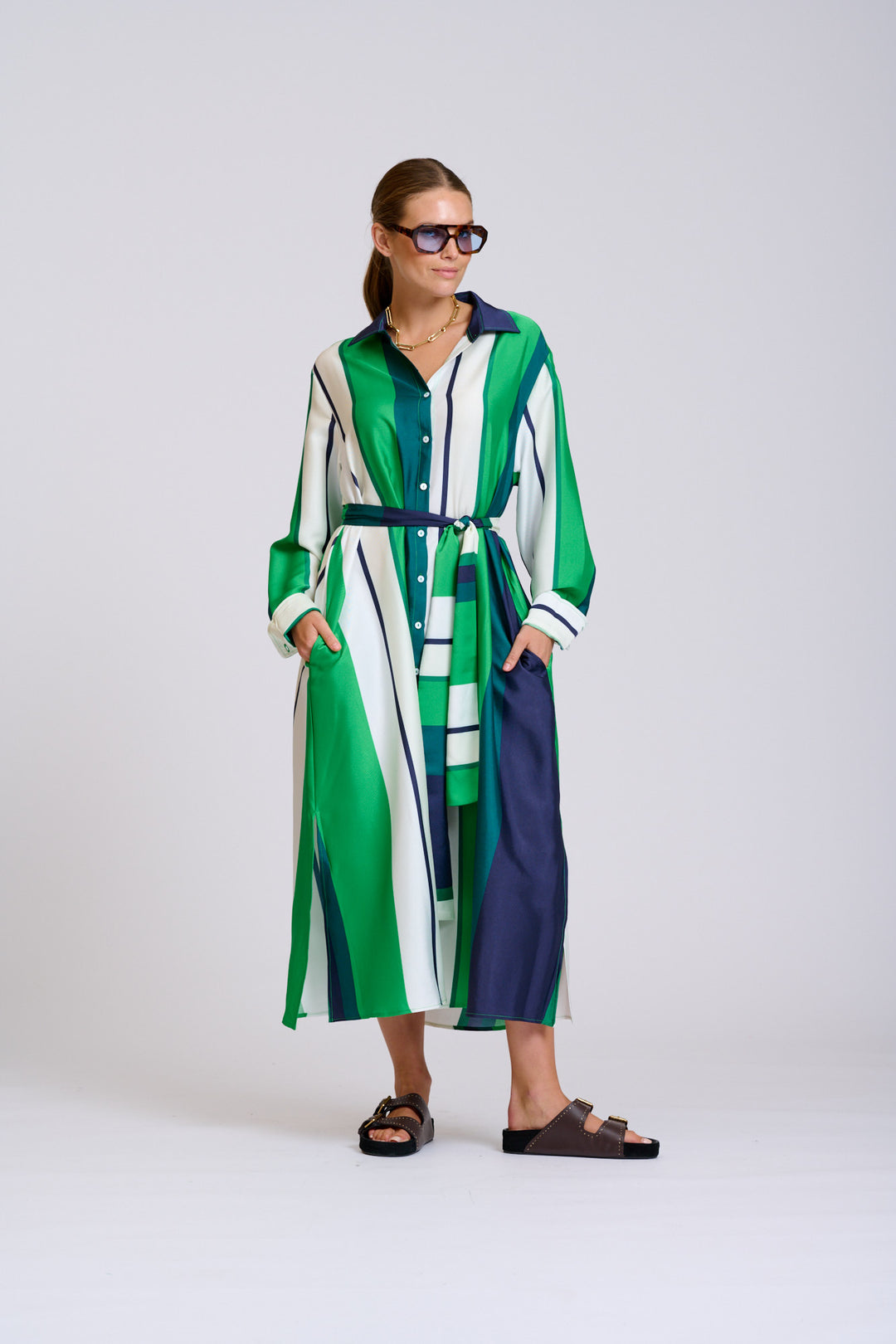 Shirty | The Luxe Luna Longline Shirt Dress | Navy & Green Bold Stripes