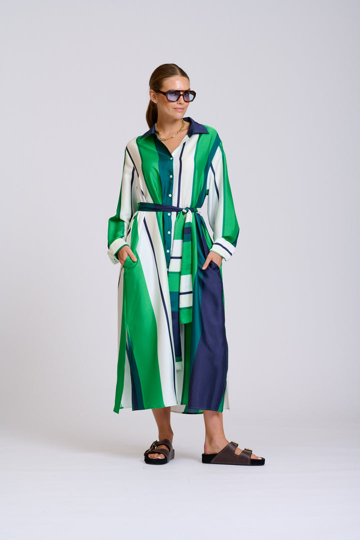 Shirty | The Luxe Luna Longline Shirt Dress | Navy & Green Bold Stripes