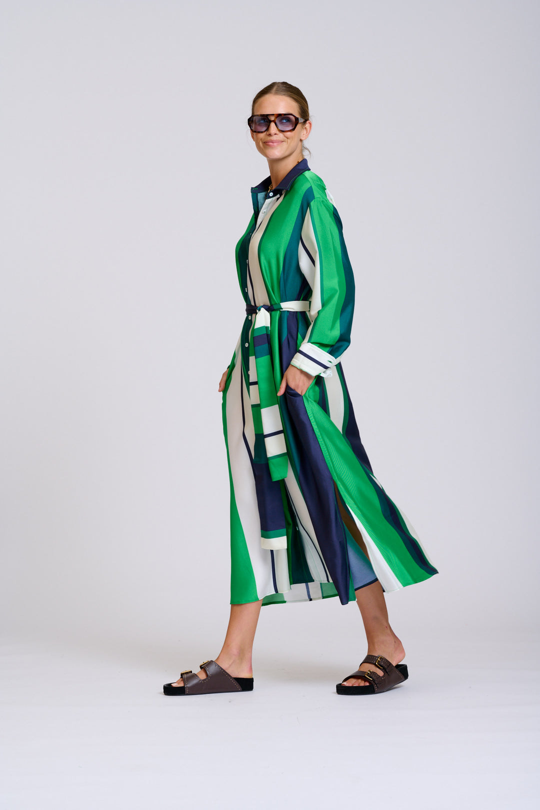 Shirty | The Luxe Luna Longline Shirt Dress | Navy & Green Bold Stripes