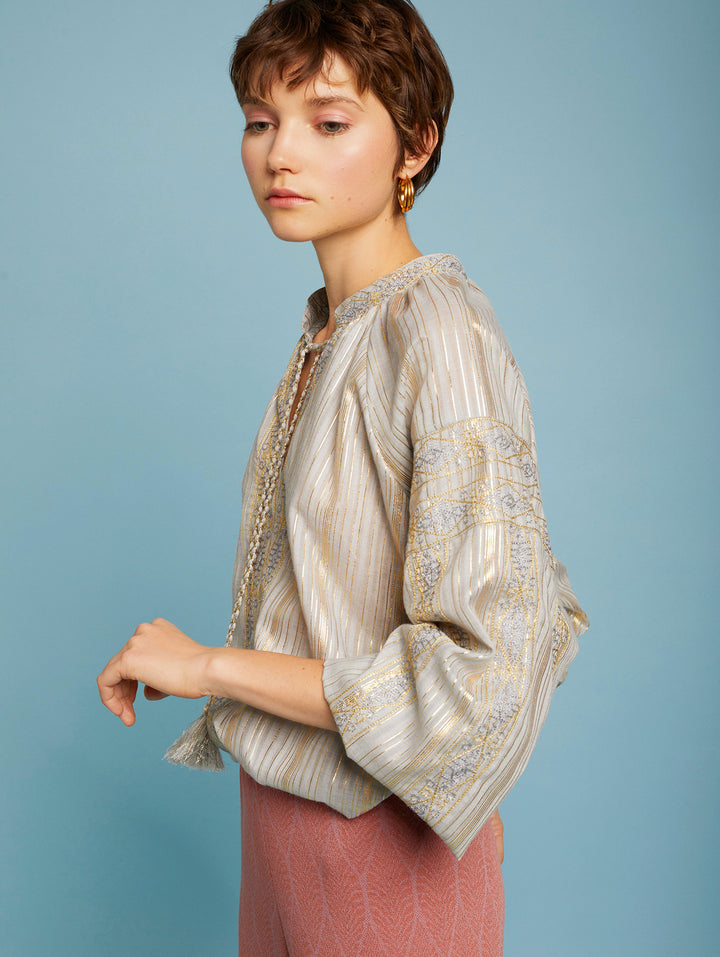 Meisie | Gold Embroidered Blouse | Fresh Mint