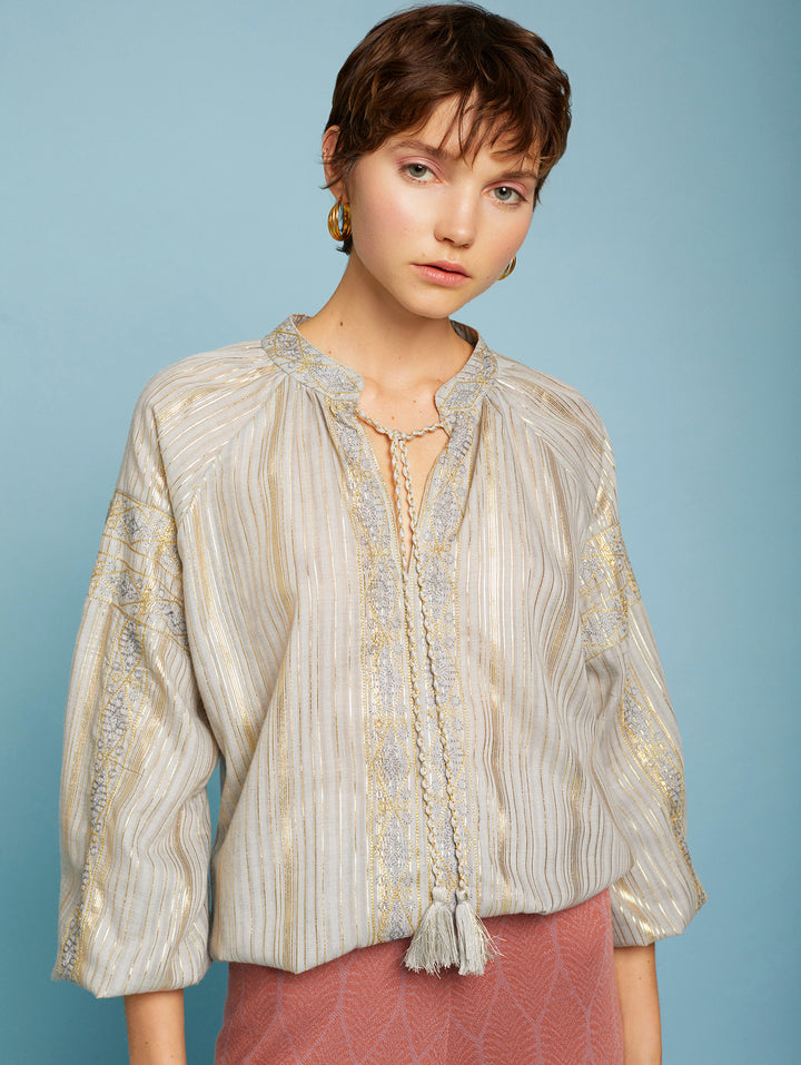 Meisie | Gold Embroidered Blouse | Fresh Mint