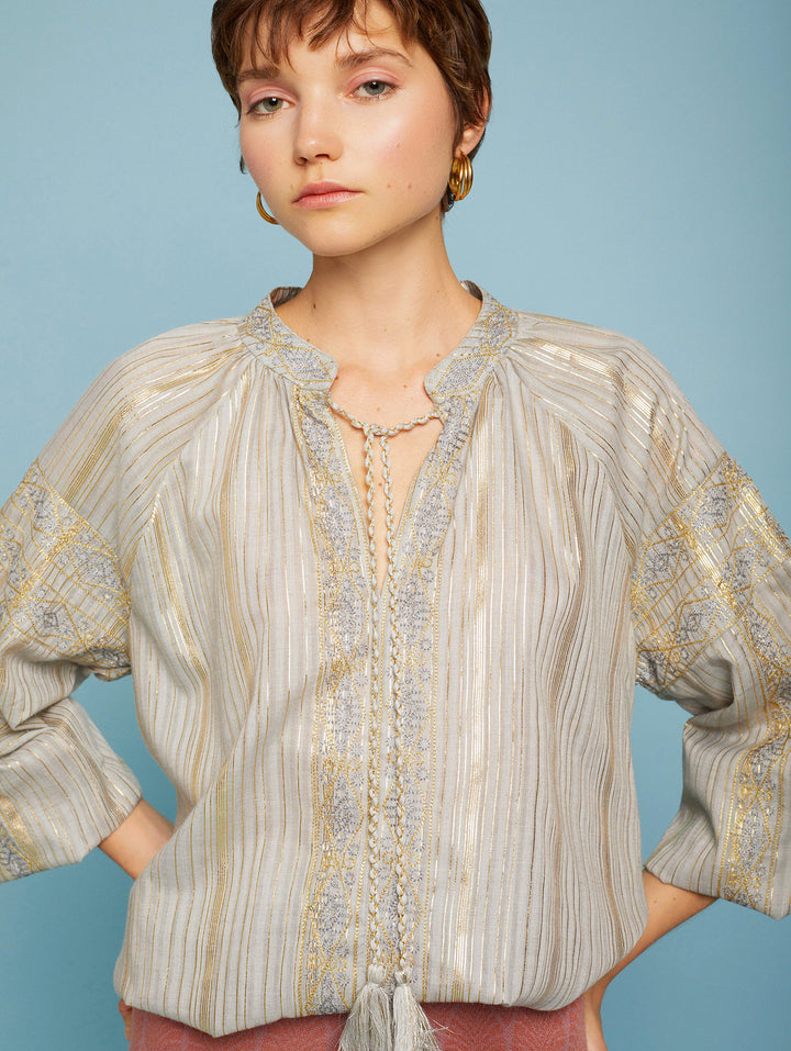 Meisie | Gold Embroidered Blouse | Fresh Mint