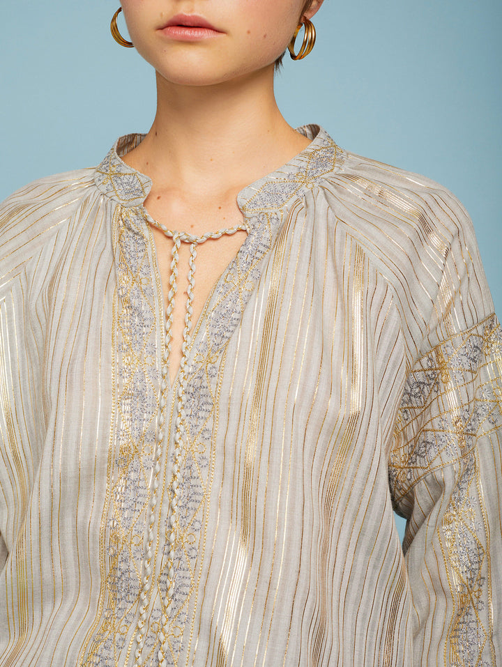 Meisie | Gold Embroidered Blouse | Fresh Mint