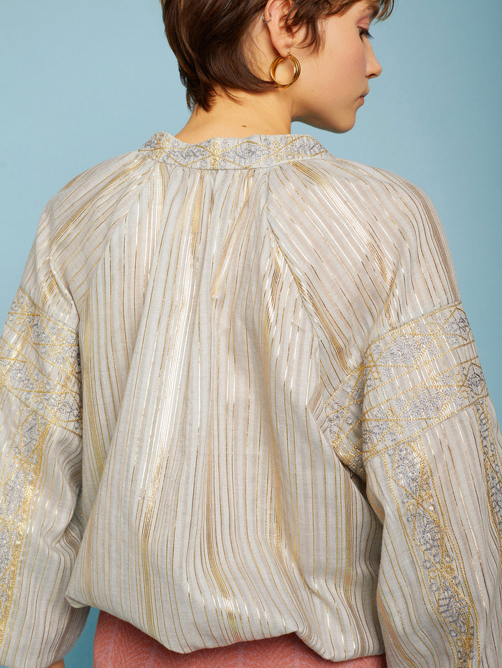 Meisie | Gold Embroidered Blouse | Fresh Mint