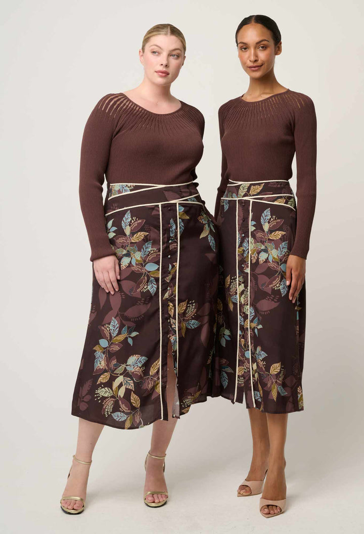 Once Was | Rhiannon Viscose Nylon Sheer Neckline Knit Top | Mocha - Dutch Hideout