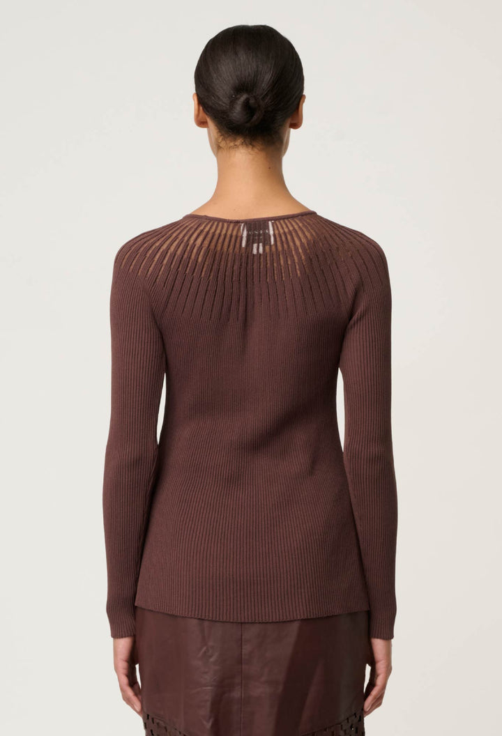 Once Was | Rhiannon Viscose Nylon Sheer Neckline Knit Top | Mocha - Dutch Hideout
