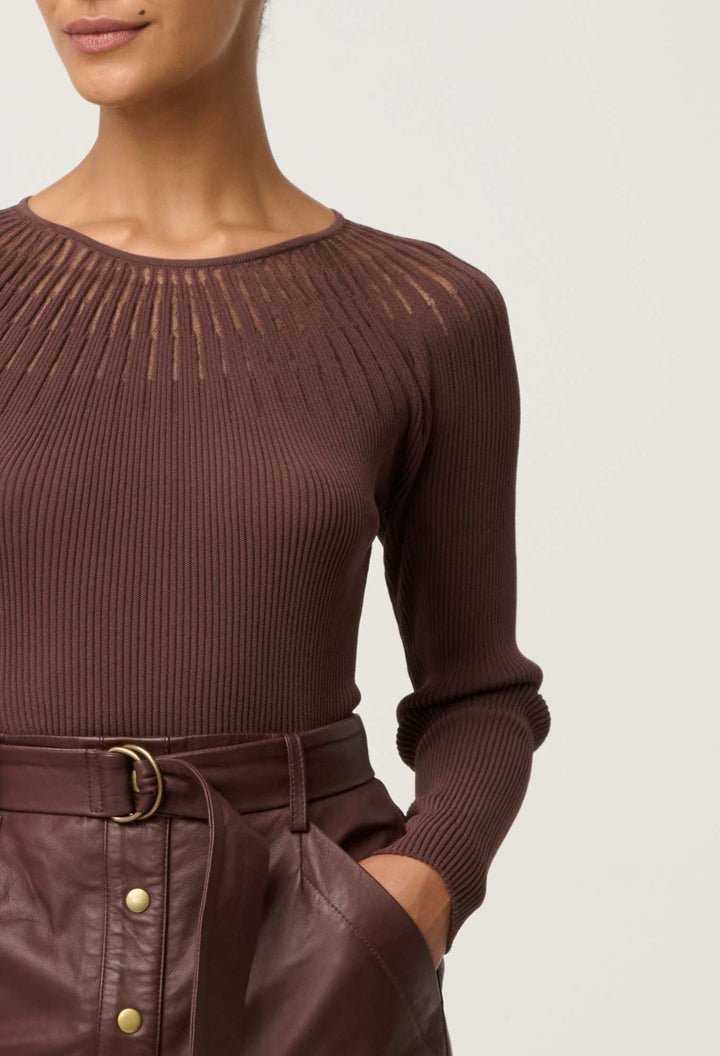 Once Was | Rhiannon Viscose Nylon Sheer Neckline Knit Top | Mocha - Dutch Hideout