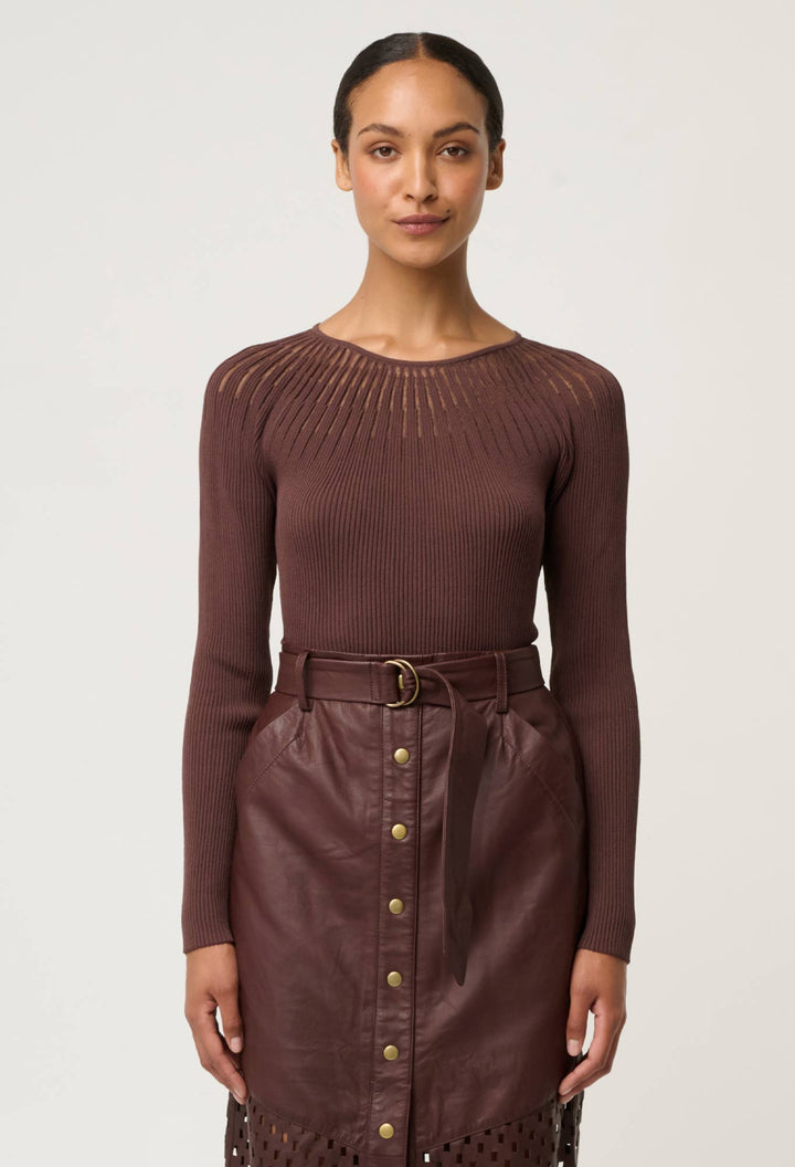 Once Was | Rhiannon Viscose Nylon Sheer Neckline Knit Top | Mocha - Dutch Hideout