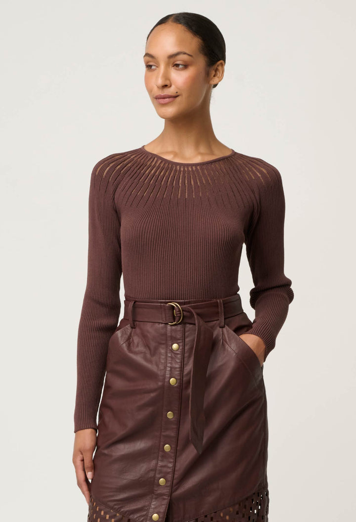 Once Was | Rhiannon Viscose Nylon Sheer Neckline Knit Top | Mocha - Dutch Hideout