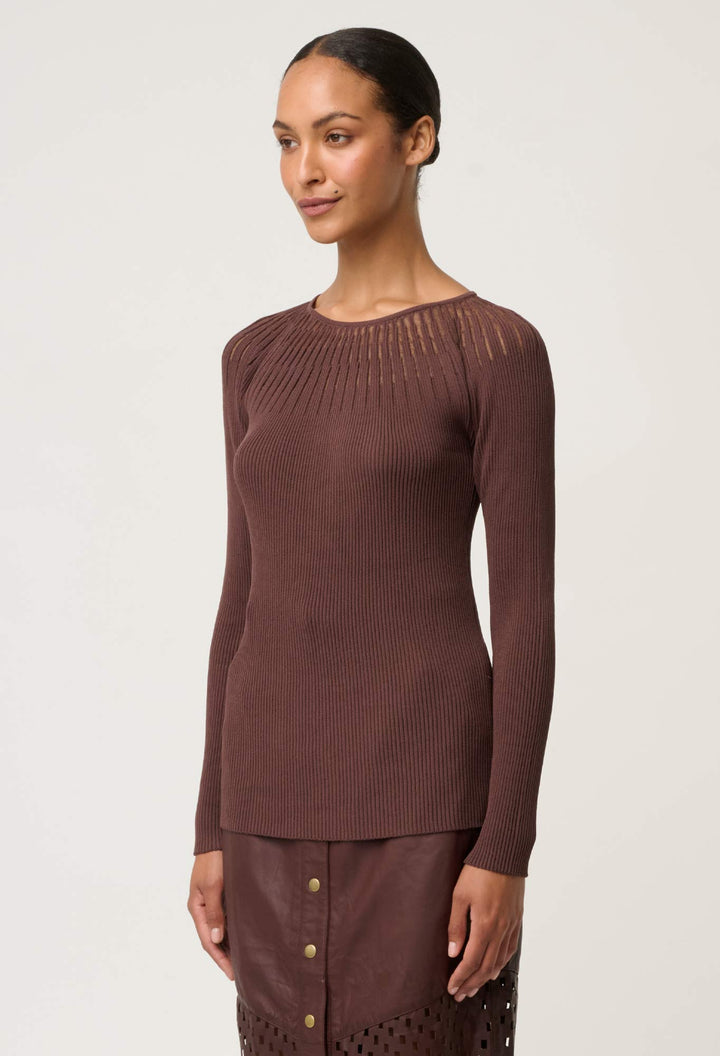 Once Was | Rhiannon Viscose Nylon Sheer Neckline Knit Top | Mocha - Dutch Hideout