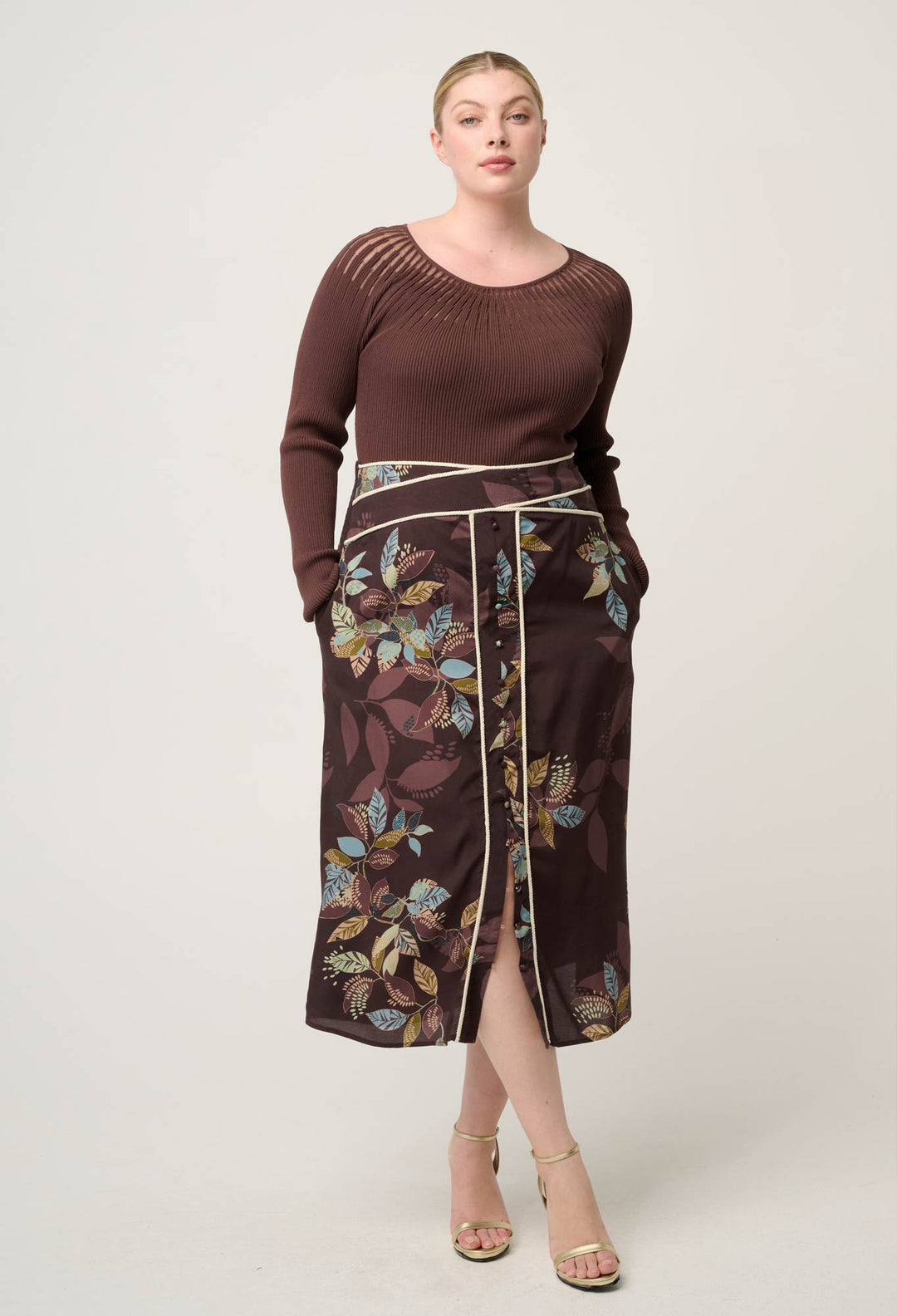 Once Was | Rhiannon Viscose Nylon Sheer Neckline Knit Top | Mocha - Dutch Hideout