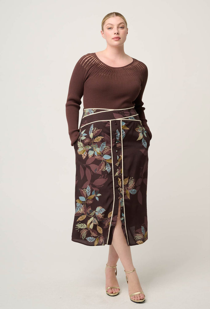 Once Was | Rhiannon Viscose Nylon Sheer Neckline Knit Top | Mocha - Dutch Hideout