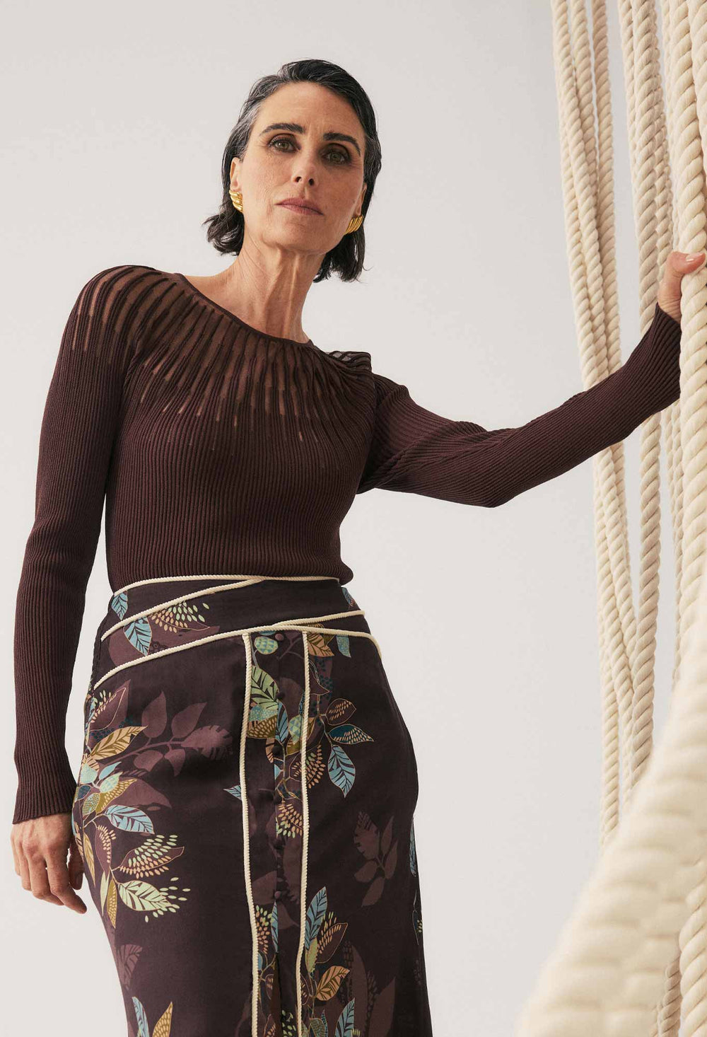 Once Was | Rhiannon Viscose Nylon Sheer Neckline Knit Top | Mocha - Dutch Hideout