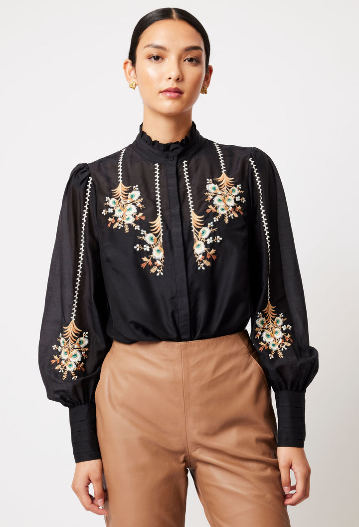Once Was | Florence Cotton Silk Embroidered Shirt | Black