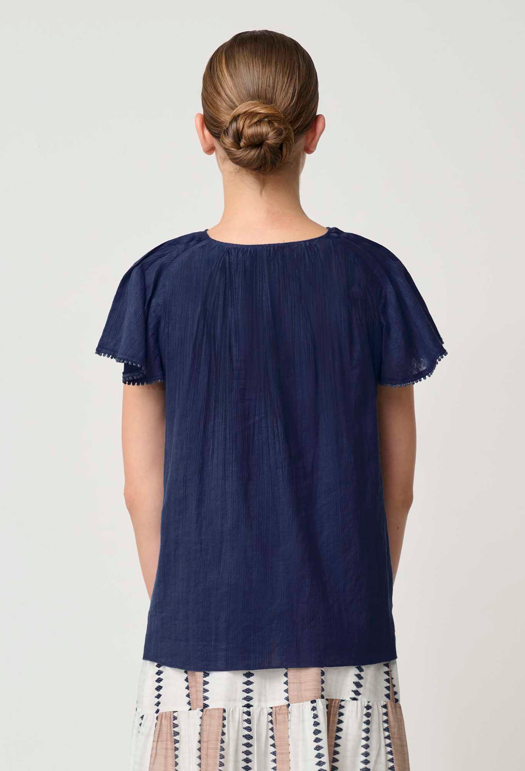 Once Was | St Lucia Cotton Self Stripe Smocked Flutter Sleeve Top | Ink