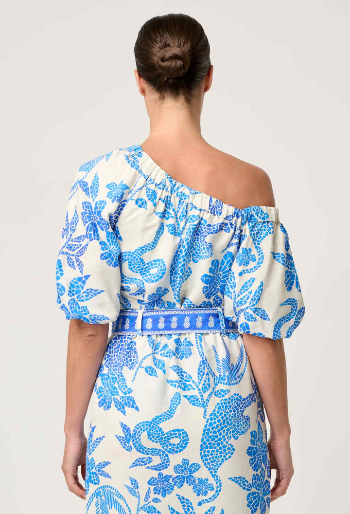 Once Was | Juno Viscose One Shoulder Top | Azure Mosaic