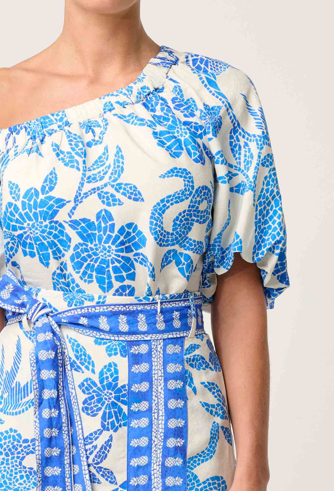Once Was | Juno Viscose One Shoulder Top | Azure Mosaic